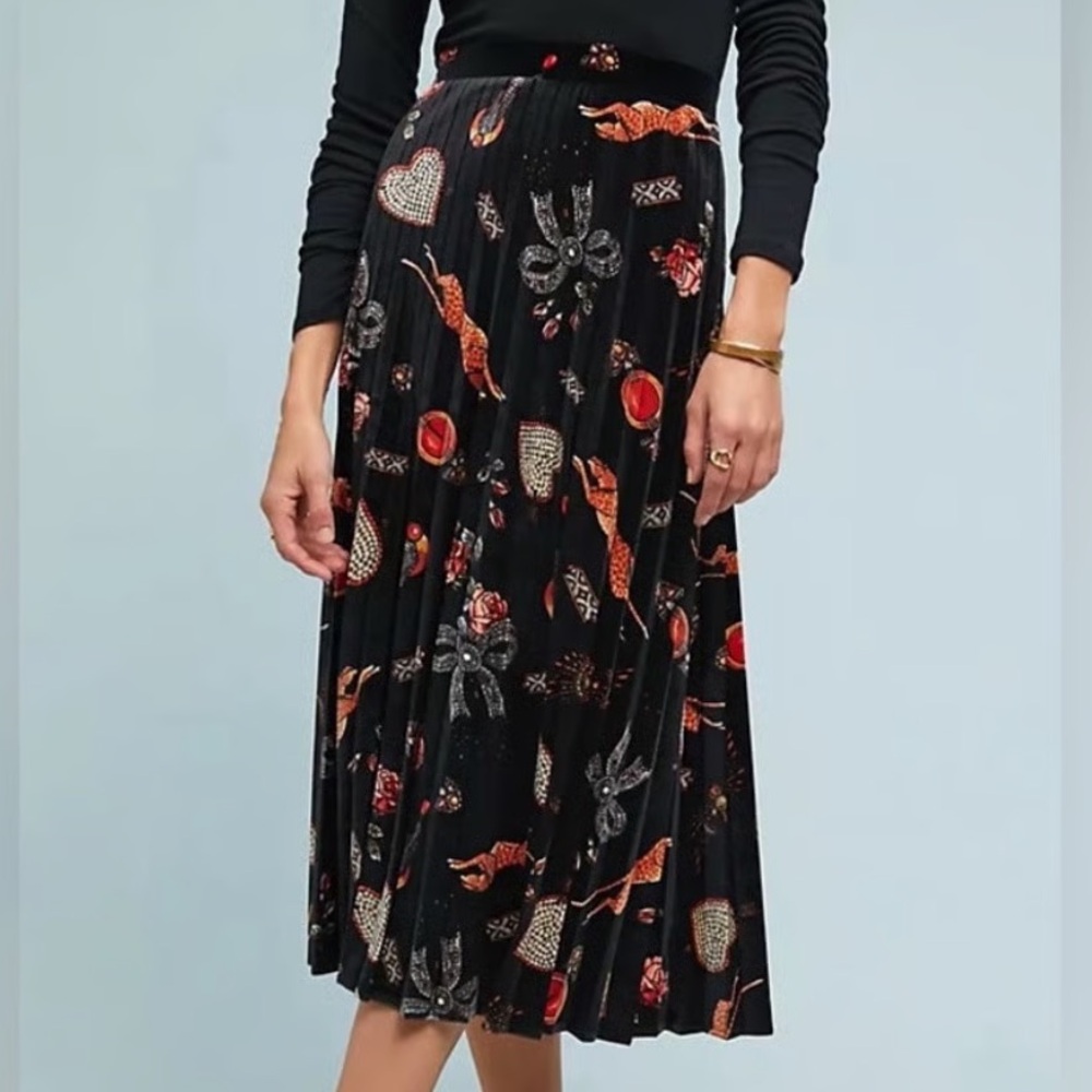 Anthropologie Maeve Montparnasse Black Velvet Skirt Sz XL Pleated Hearts Bows
